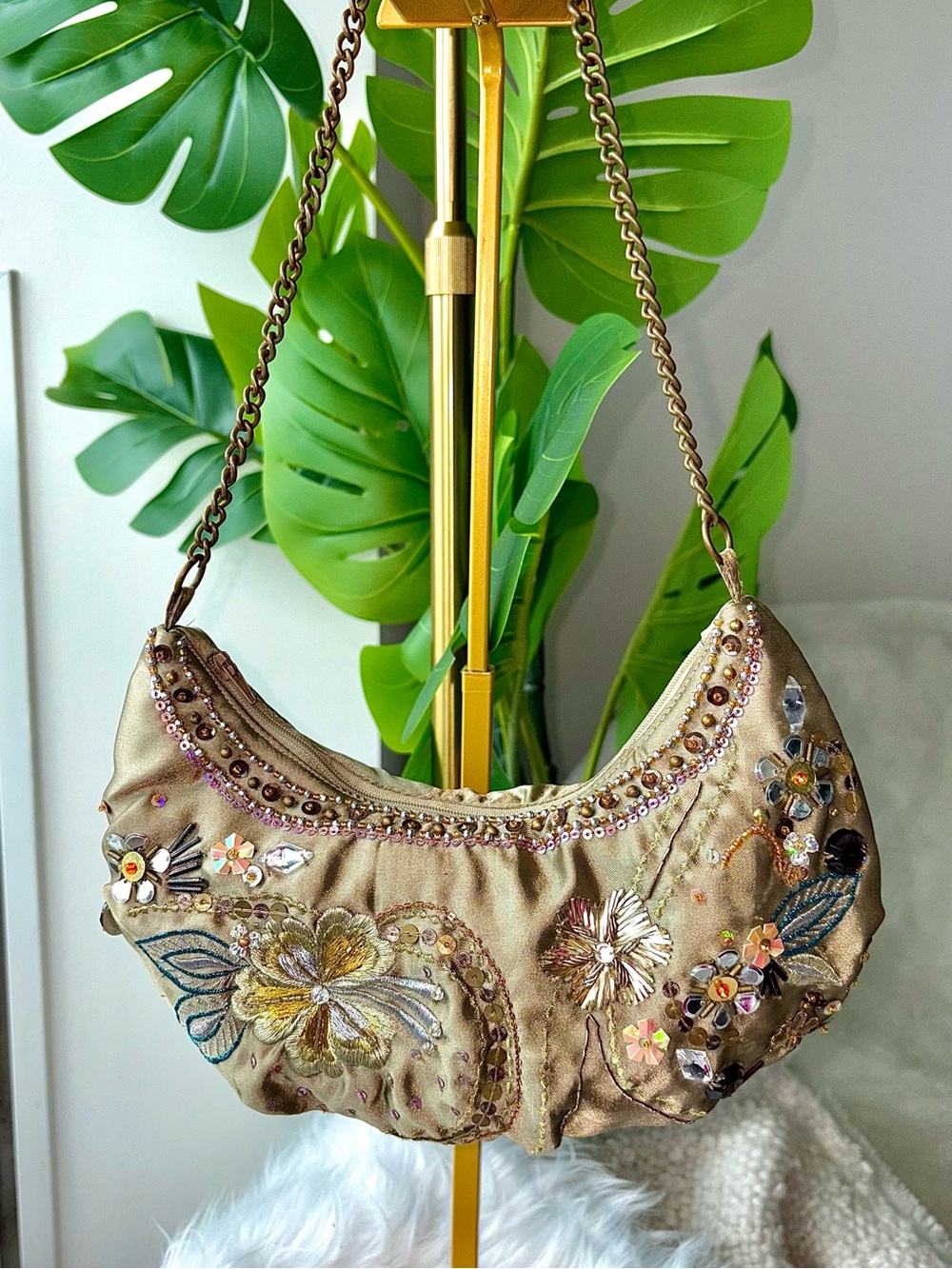 Vintage Y2K Champagne Satin Gold Beaded Floral Sequin Embroidered Chain Hobo Bag